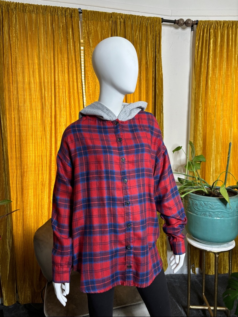 BDG Red and Navy Plaid Shirt with Grey Hood Lining